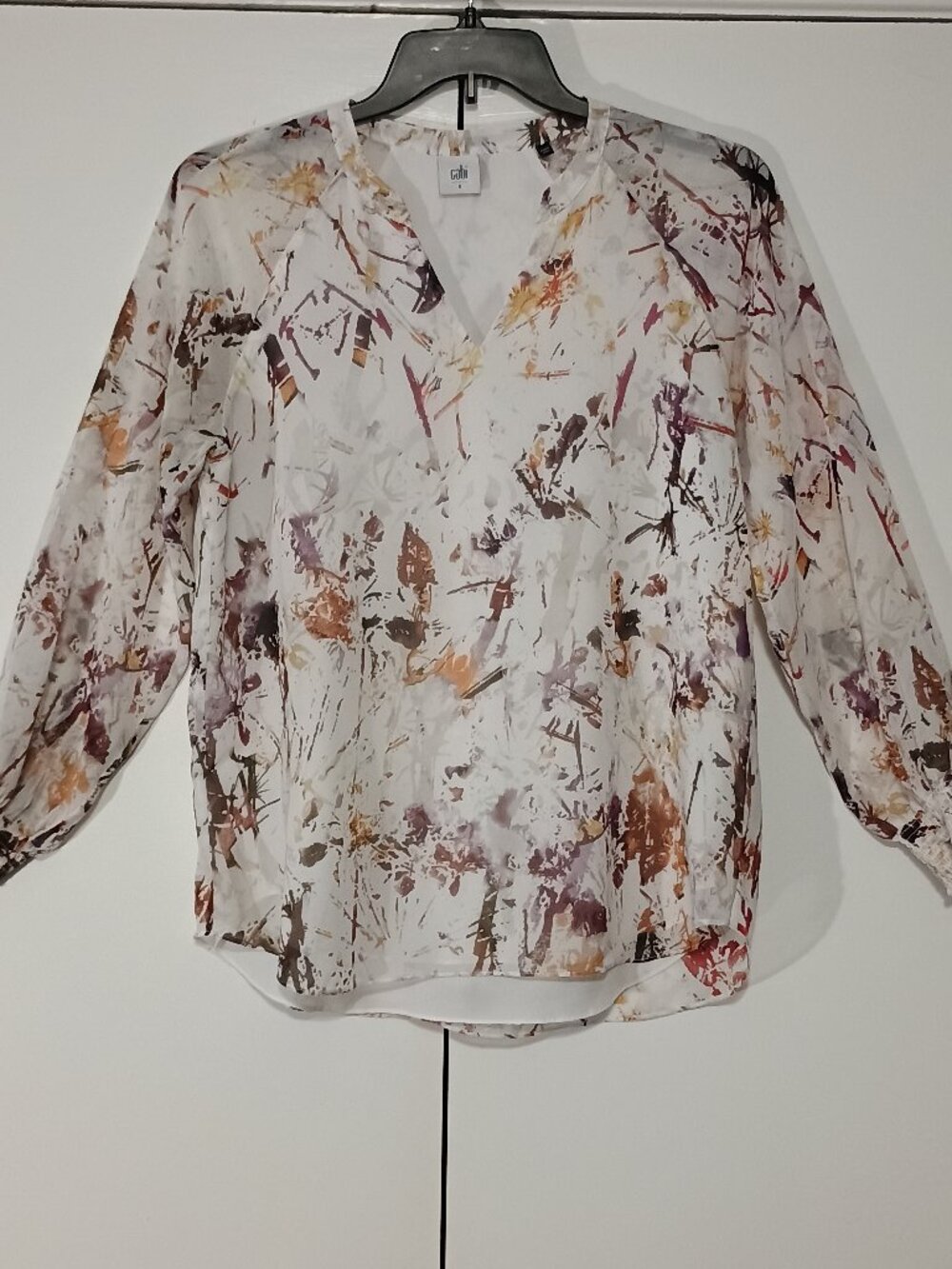 CAbi Go To Blouse Ivory Pink Paint Splatter Long Sleeve Top Size S - Picture 2 of 7
